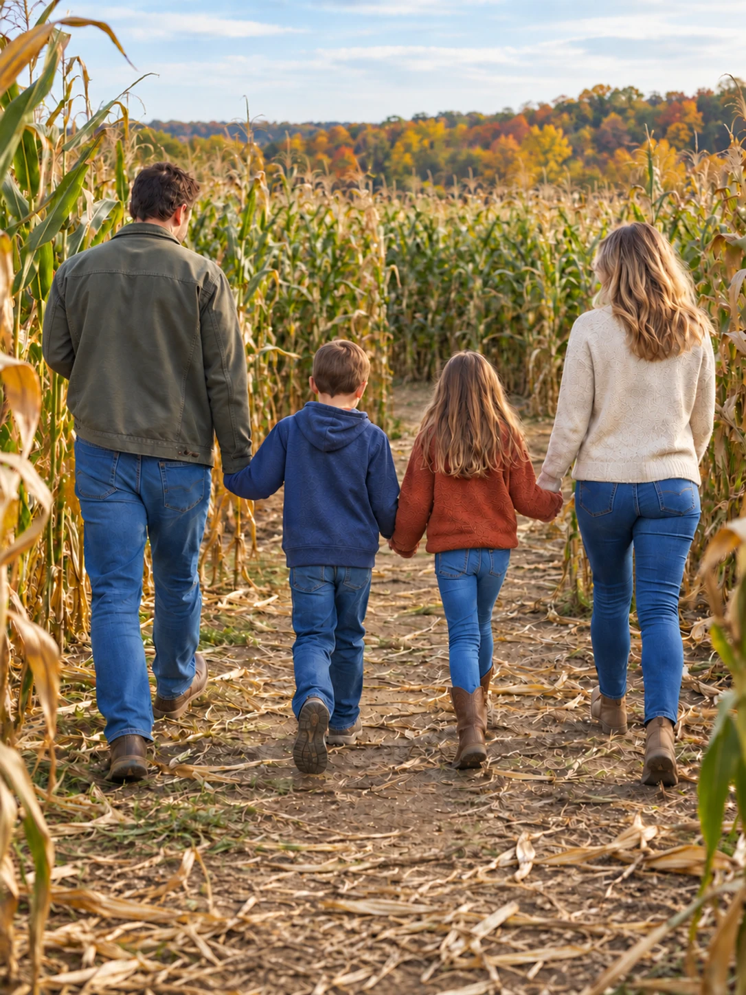 A family holding hands and walking into a cornfield, seen from behind.
